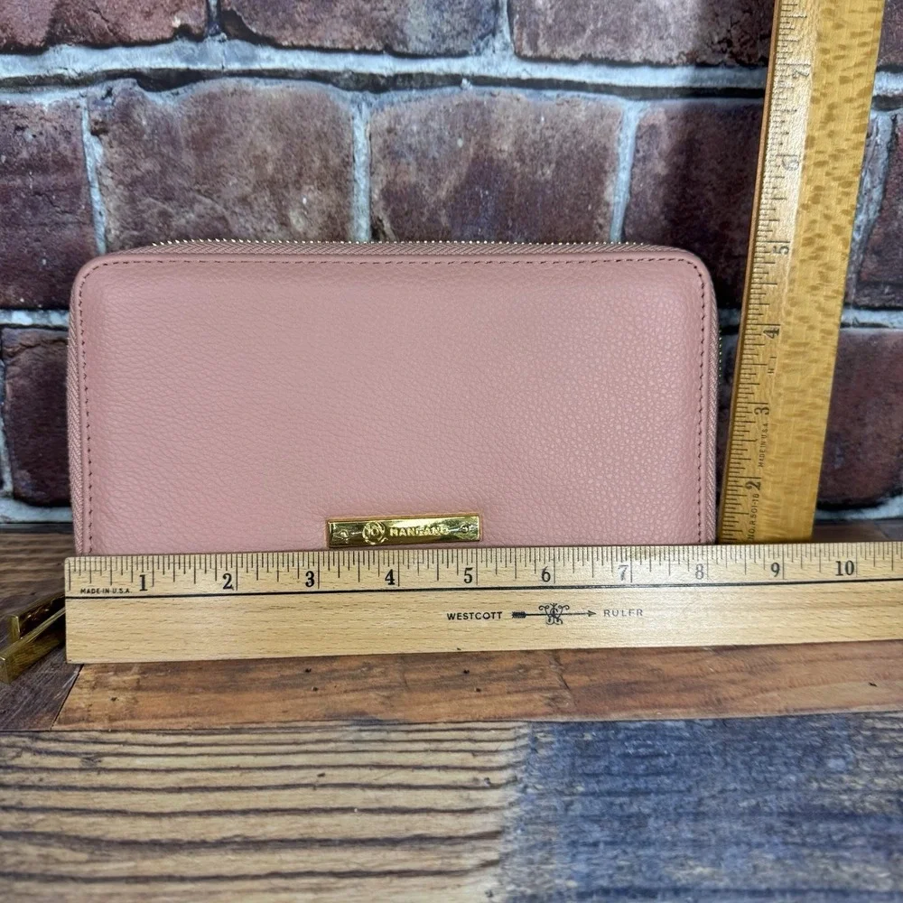 Joy Mangano Luxe Leather Double Wallet Wristlet RFID Pink Salmon New No Strap‎